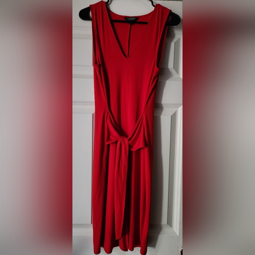 Lauren Ralph Lauren Red Deep V-neck Tie Front Sleeveless Dress Size M - Picture 2 of 8
